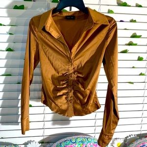 Triple Seven stretchy satiny feel golden brown ruched at the buttons shirt